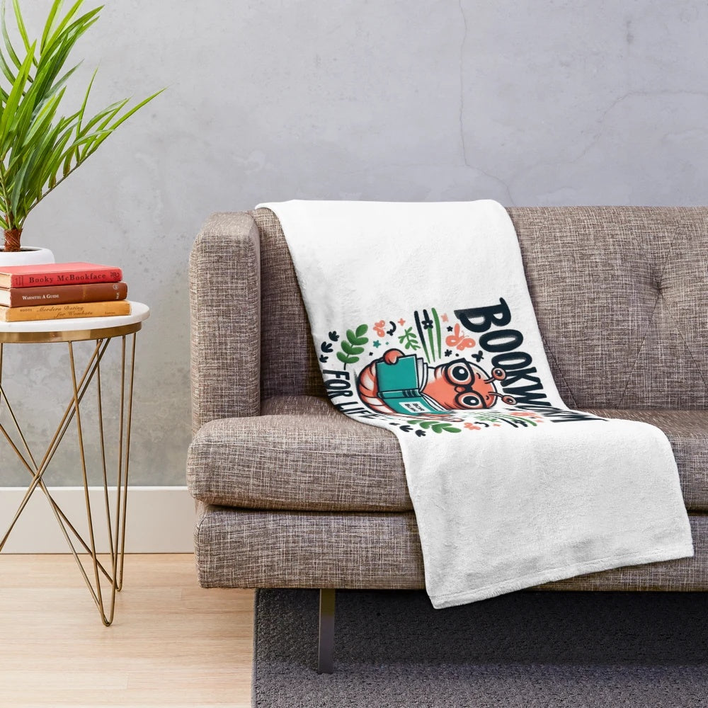 Cozy plush blanket featuring a bookworm design for book lovers