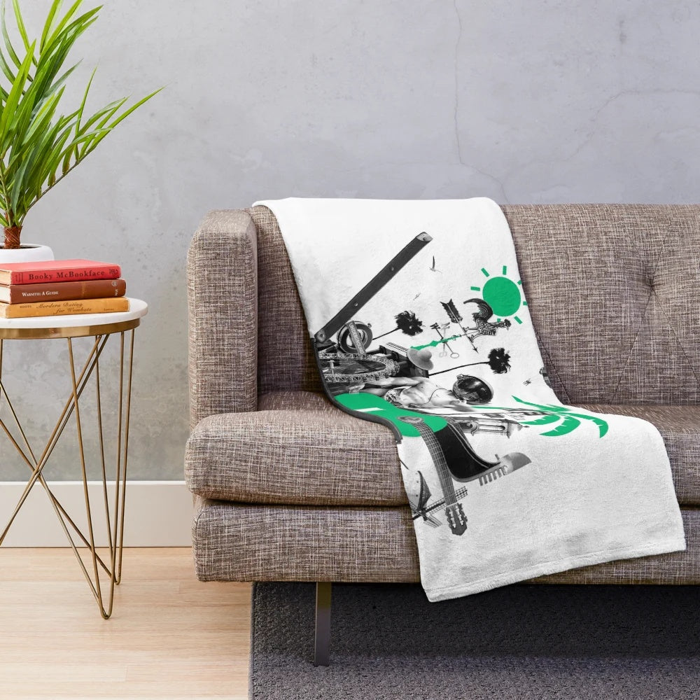Plush blanket with travel and adventure inspired design