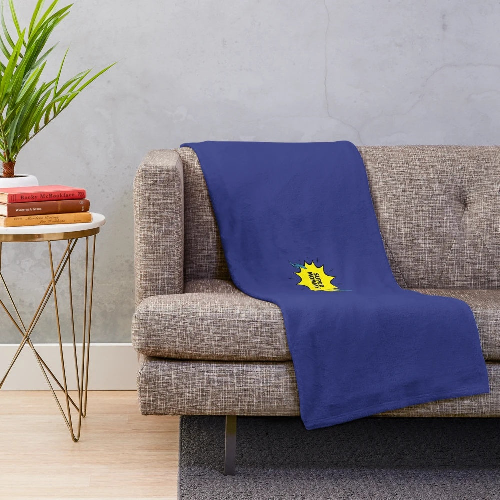 Plush blue and yellow blanket with "Super Mommy" text