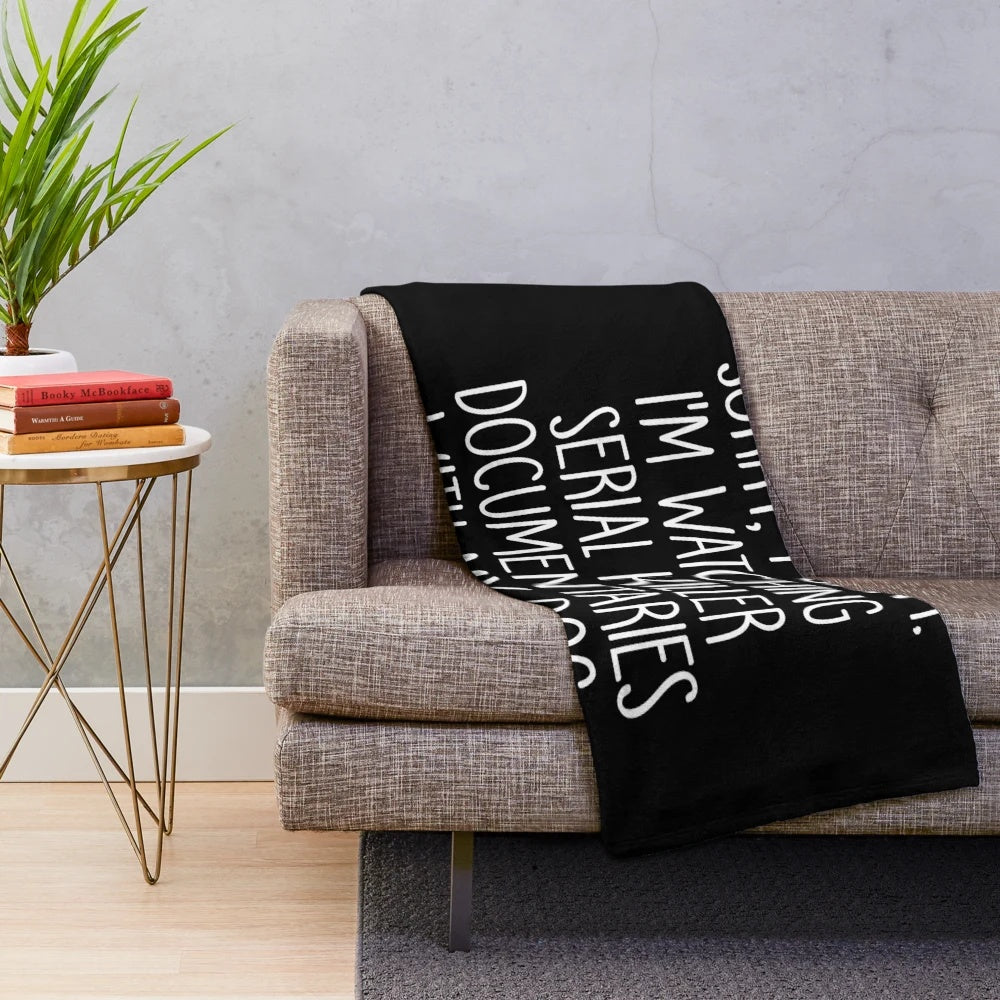 Plush blanket with funny true crime quote and dog silhouette