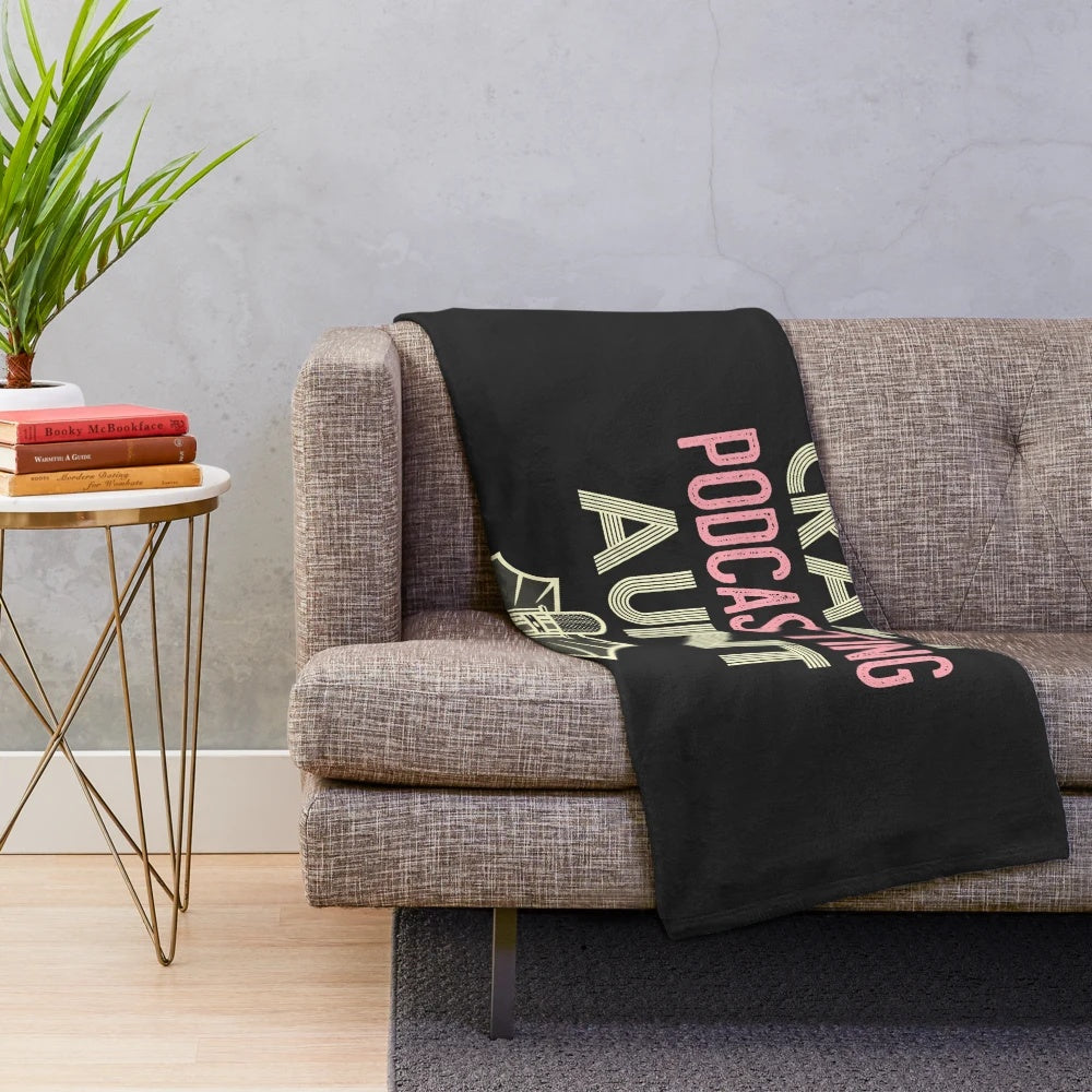 Cozy plush blanket with handlettered "Crazy Podcasting Aunt" design for true crime podcast lovers