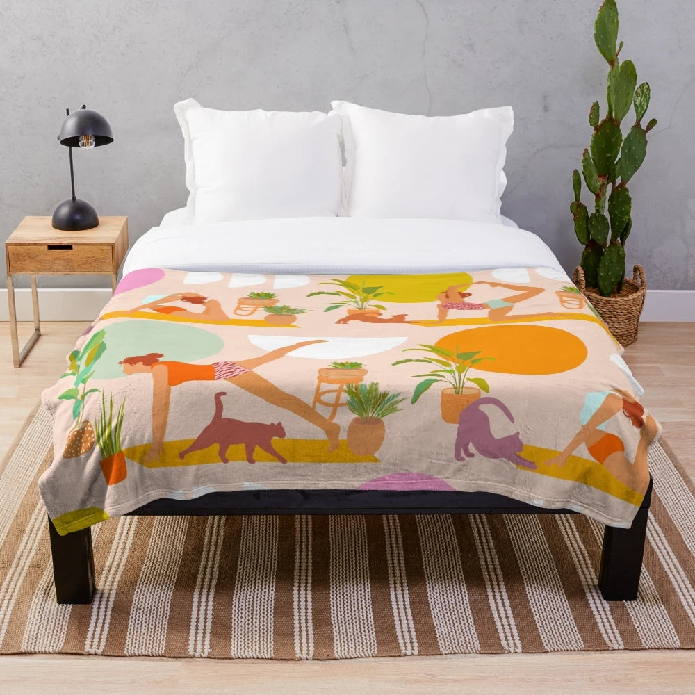 Colorful plush blanket featuring retro-inspired design with yoga, cats, and tropical plants