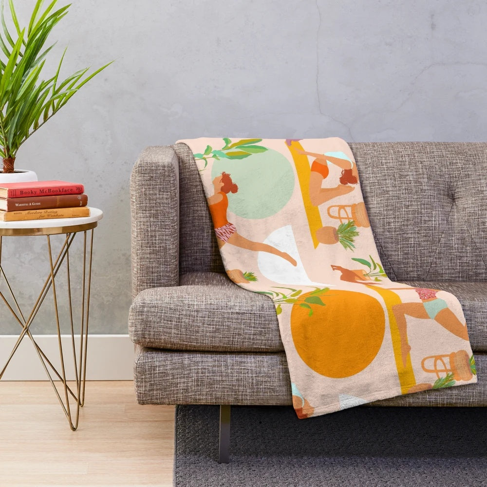 Colorful plush blanket featuring retro-inspired design with yoga, cats, and tropical plants