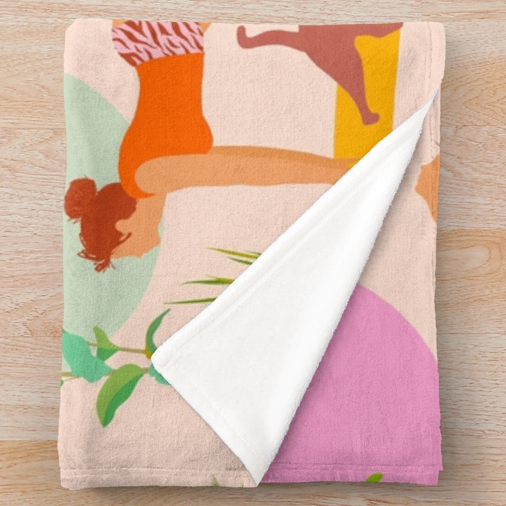Colorful plush blanket featuring retro-inspired design with yoga, cats, and tropical plants