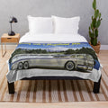 Plush blanket with 1950s bus travel inspired design