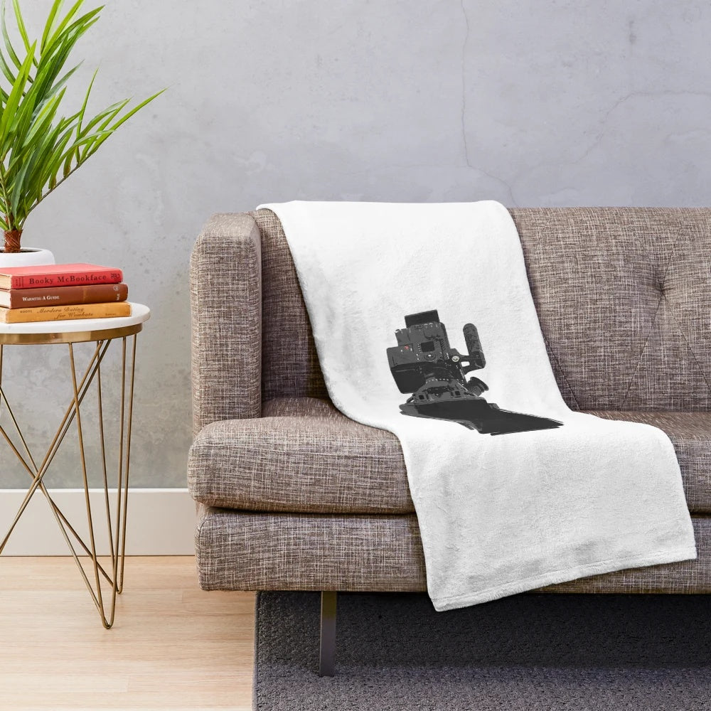 Plush blanket featuring the design of a professional cinema camera