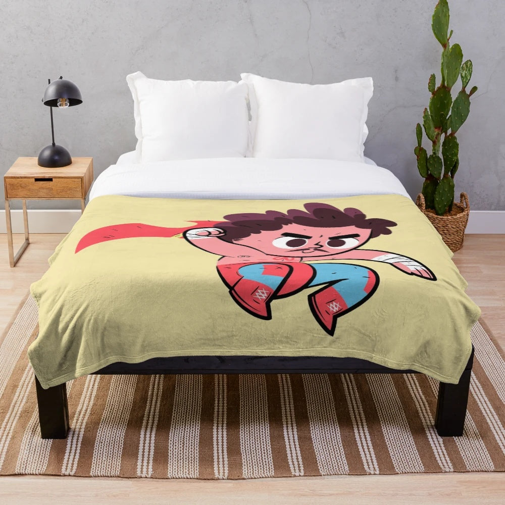 Plush blanket featuring comedy movie characters and wrestling-inspired designs