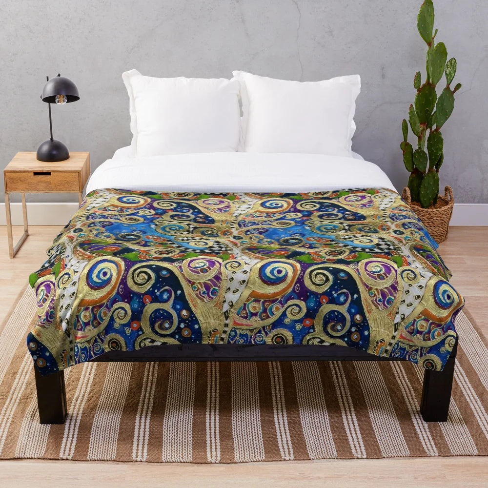 Gustav Klimt inspired plush blanket with tree of life design