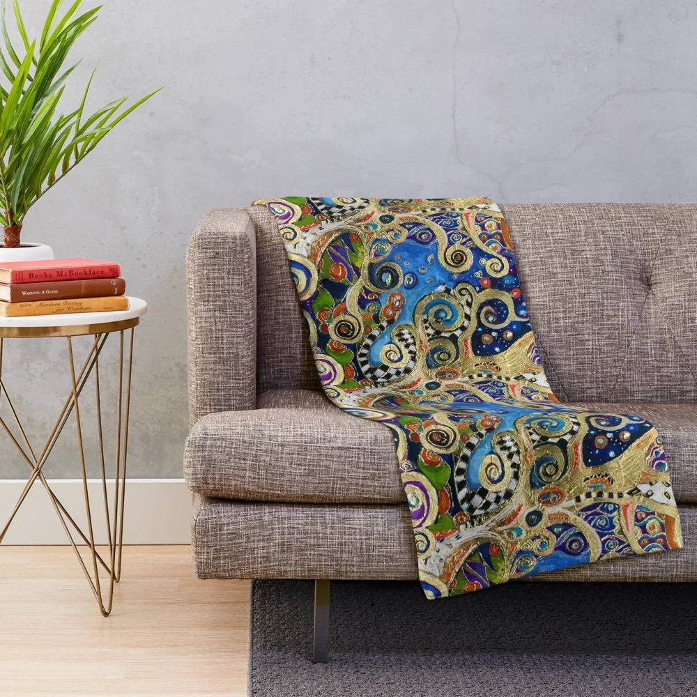 Gustav Klimt inspired plush blanket with tree of life design