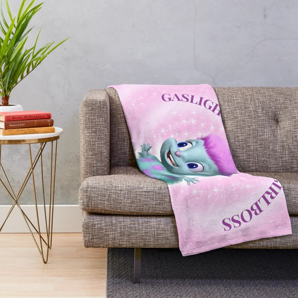 Plush blanket featuring Bibble character and "gaslight, gatekeep, girlboss" text