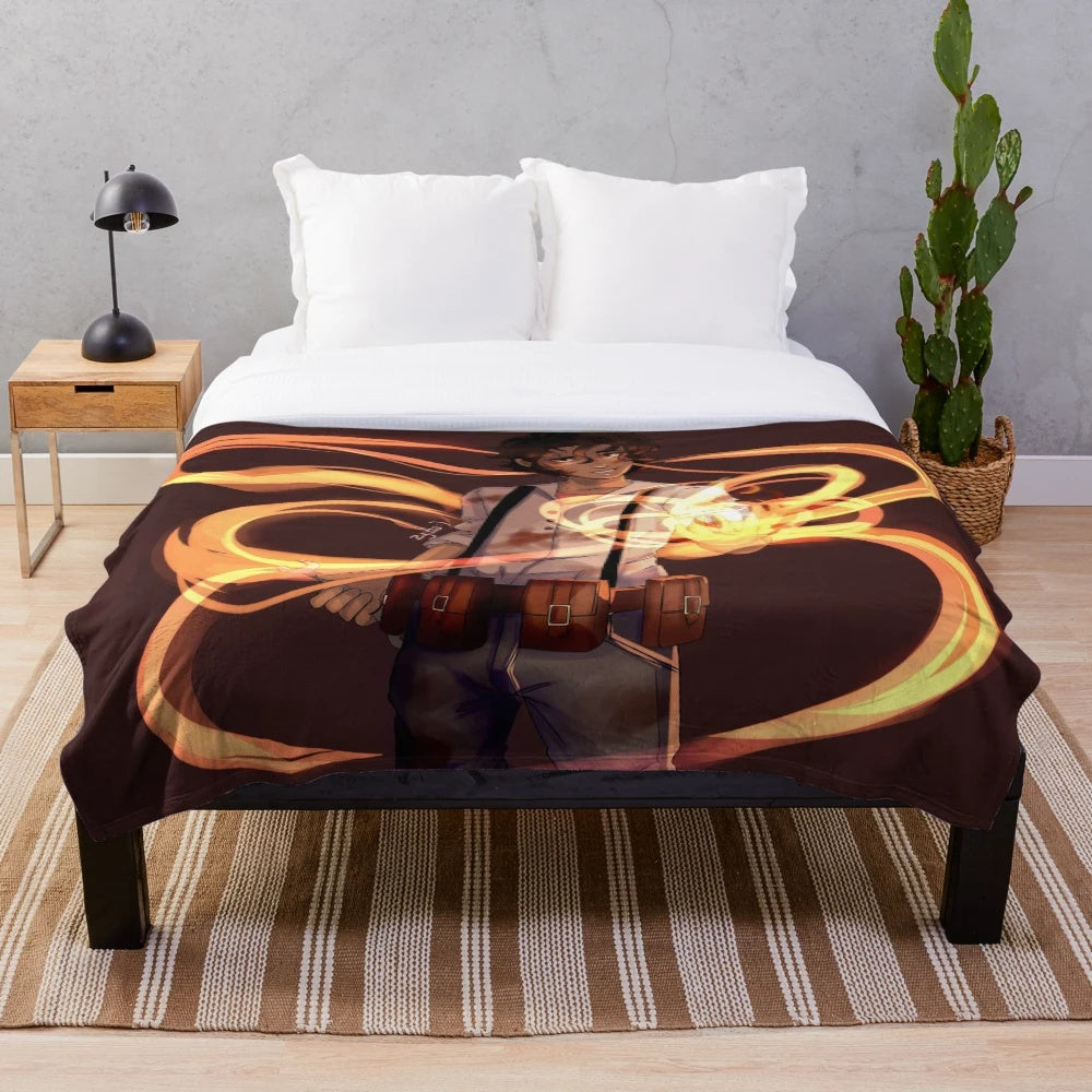 Plush blanket with fire and mythological imagery