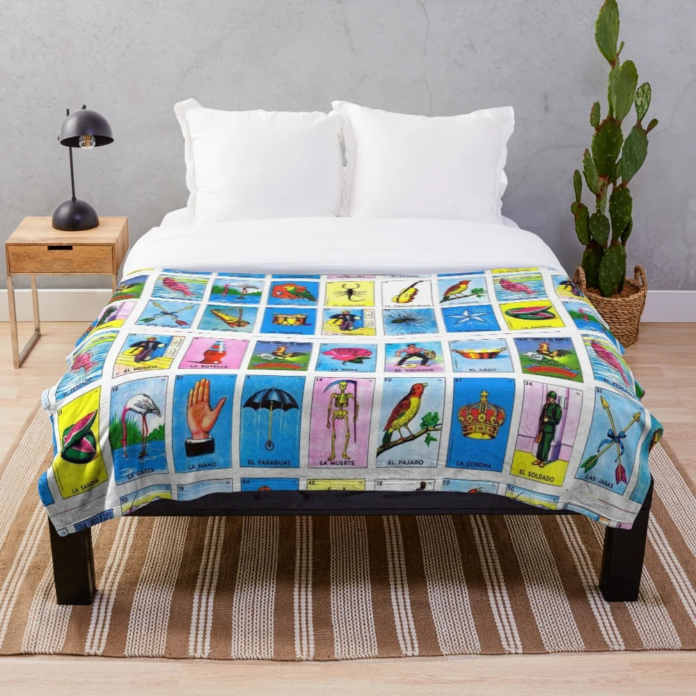 Plush blanket featuring Mexican bingo and lottery symbols