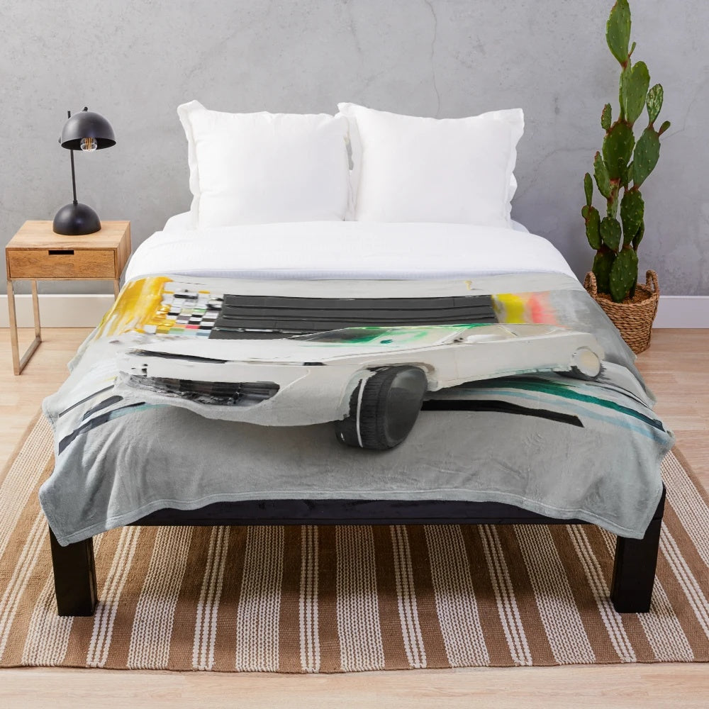 Plush blanket featuring a minimalist oil painting design of a car