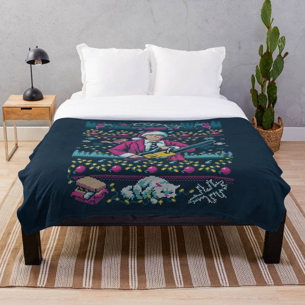Plush blanket featuring an "ugly" Christmas sweater design inspired by the classic National Lampoon's Vacation movie