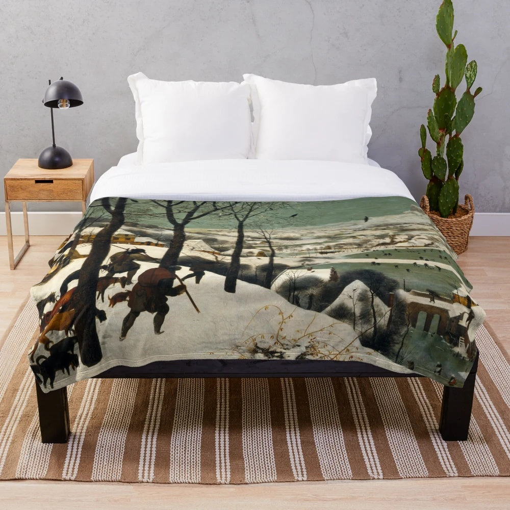 Pieter Bruegel the Elder inspired plush blanket featuring a winter landscape scene