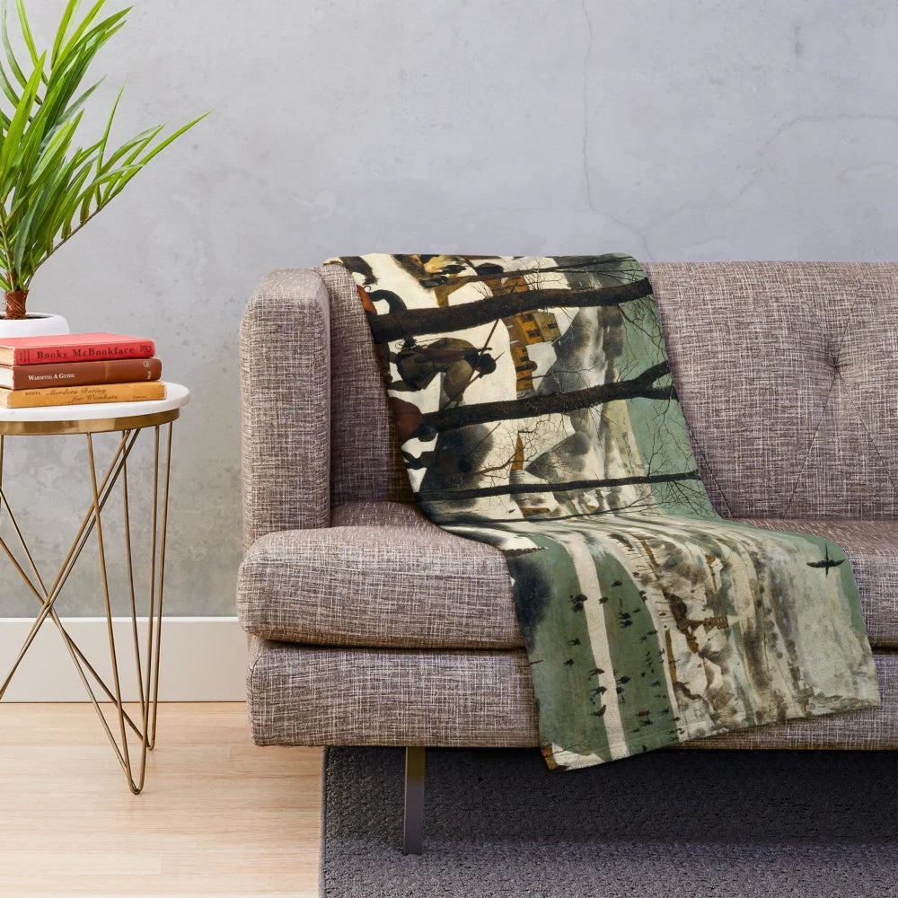 Pieter Bruegel the Elder inspired plush blanket featuring a winter landscape scene