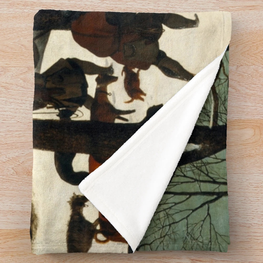 Pieter Bruegel the Elder inspired plush blanket featuring a winter landscape scene