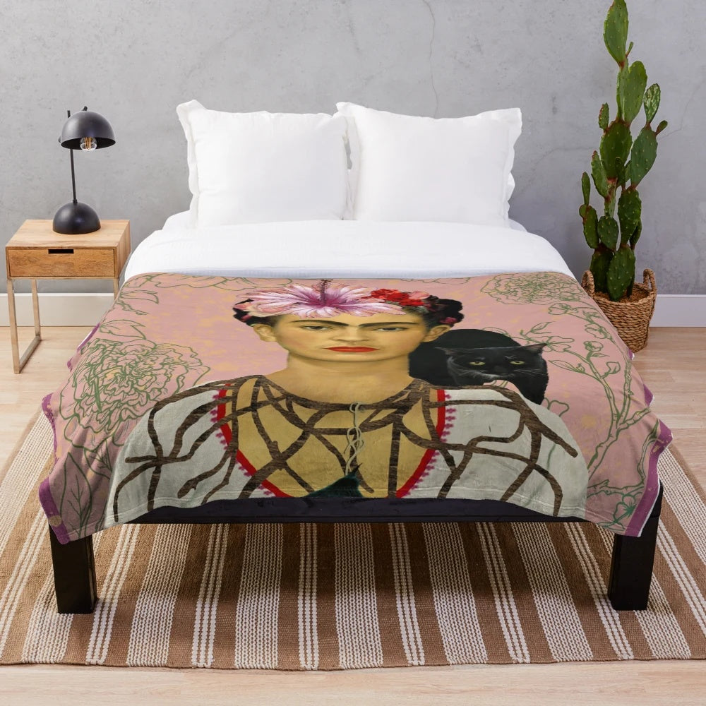 Frida Kahlo inspired plush blanket with floral design