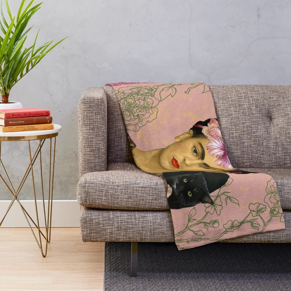 Frida Kahlo inspired plush blanket with floral design