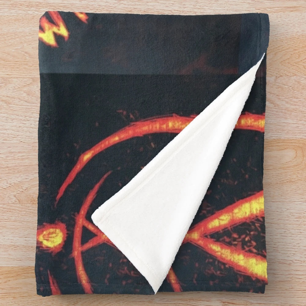 Plush blanket with wicker man and fire imagery, perfect for horror movie fans