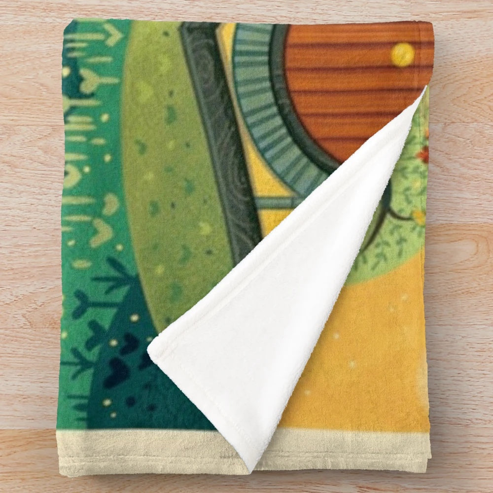 Plush blanket with fantasy and sci-fi design elements