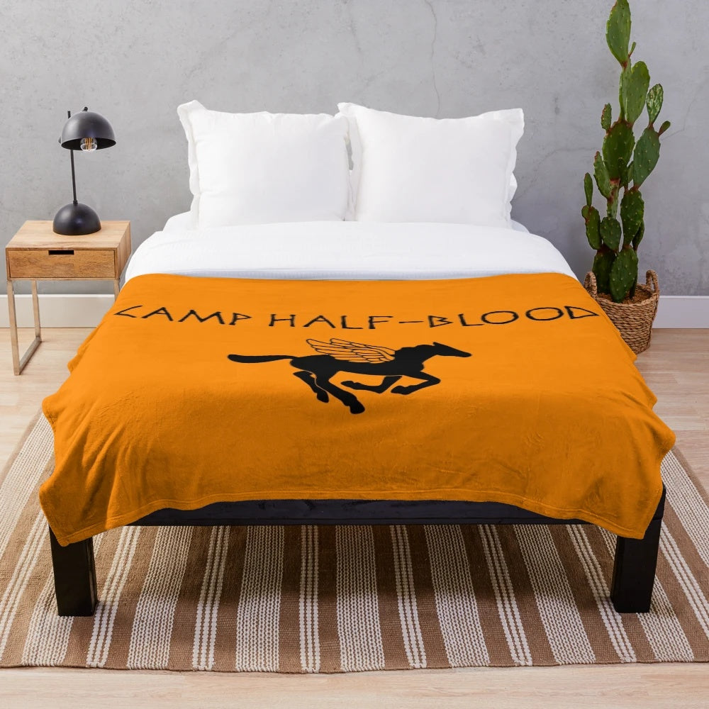 Percy Jackson themed plush blanket with Camp Half-Blood logo