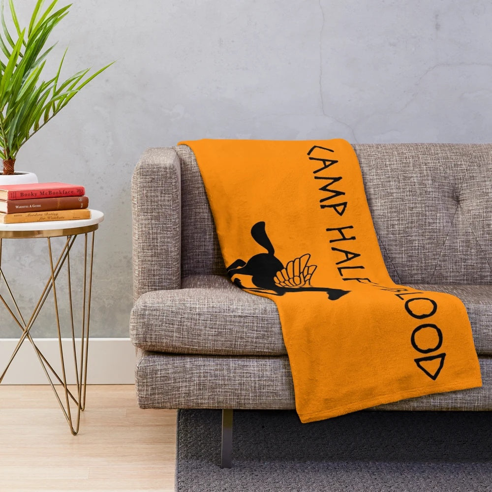 Percy Jackson themed plush blanket with Camp Half-Blood logo