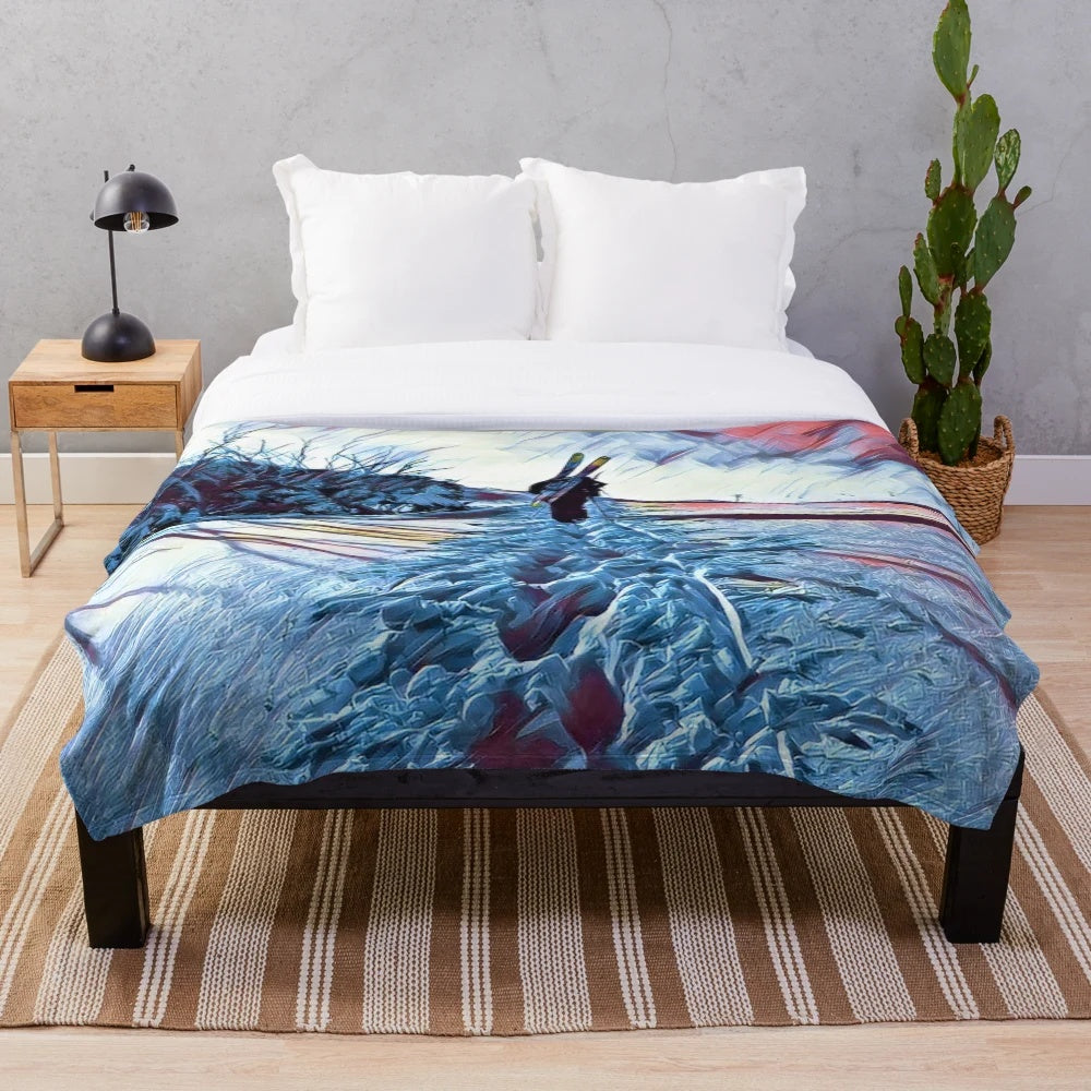Plush blanket with snowy mountain landscape design