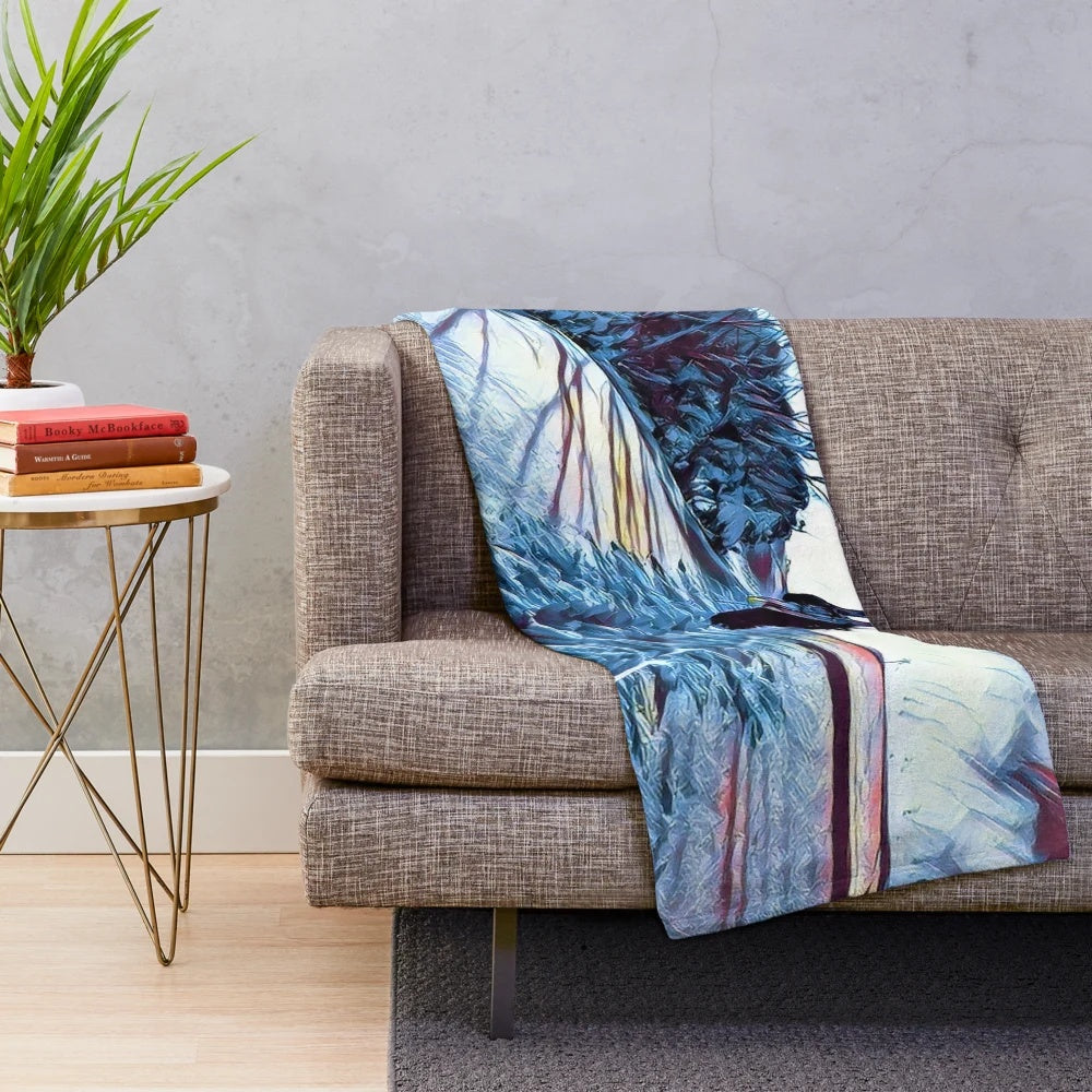 Plush blanket with snowy mountain landscape design