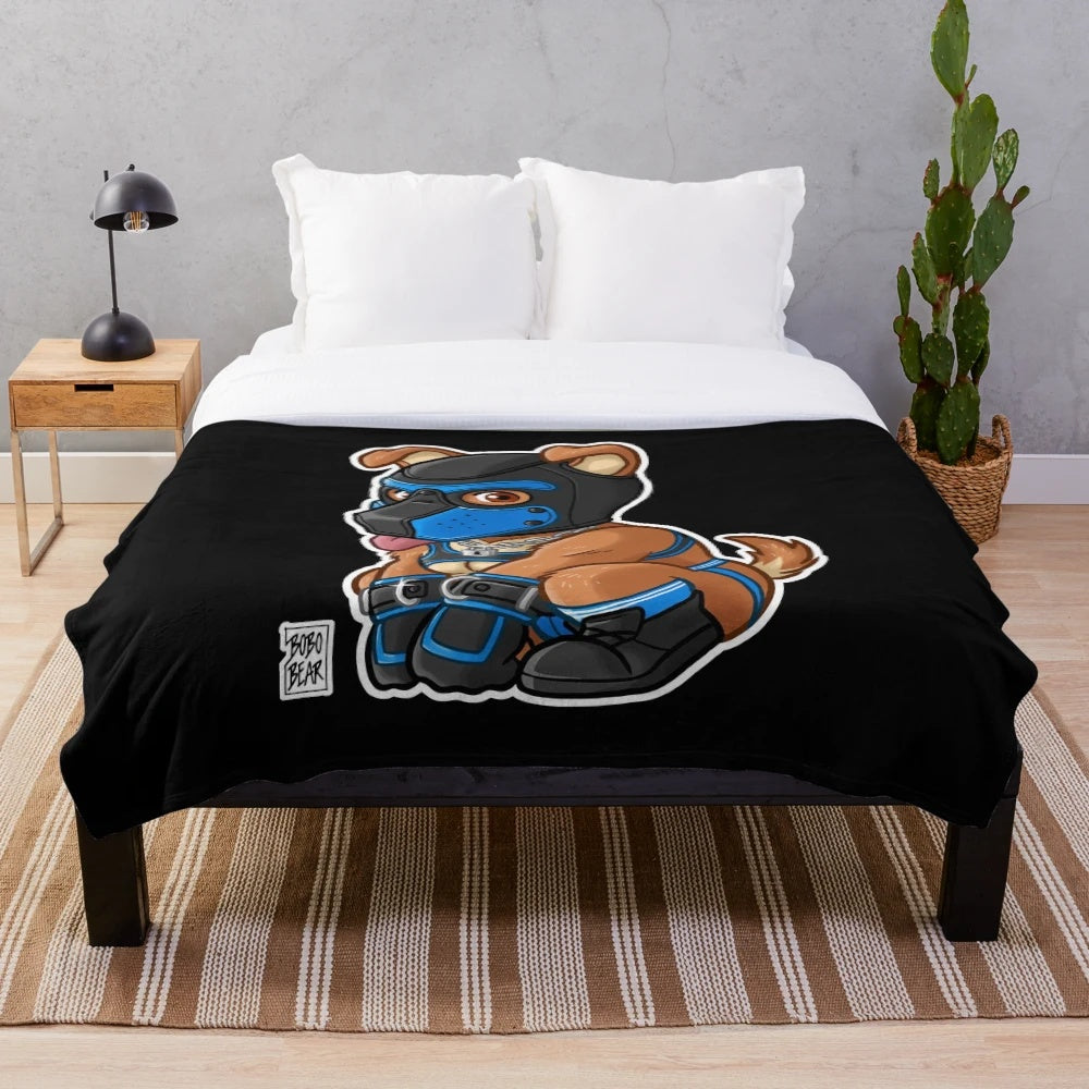 Soft and cuddly plush blanket featuring a playful puppy with a blue mask, part of the Bearzoo series
