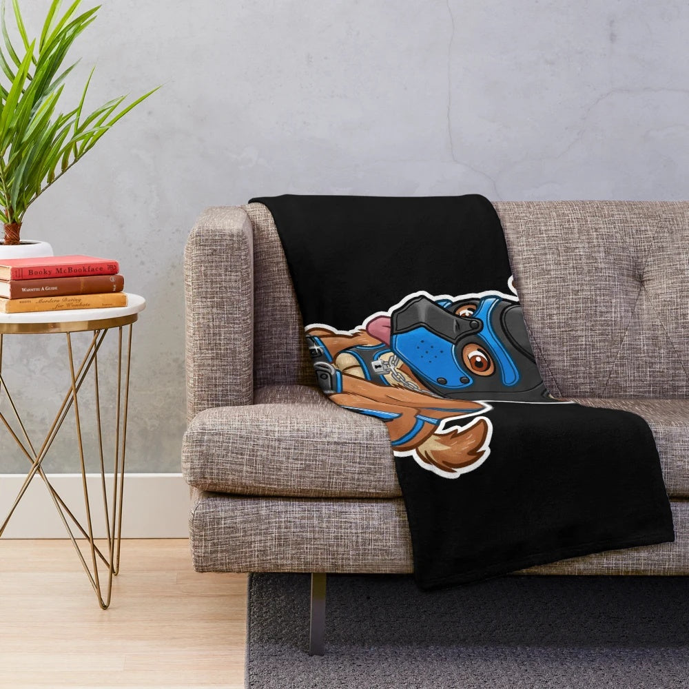 Soft and cuddly plush blanket featuring a playful puppy with a blue mask, part of the Bearzoo series
