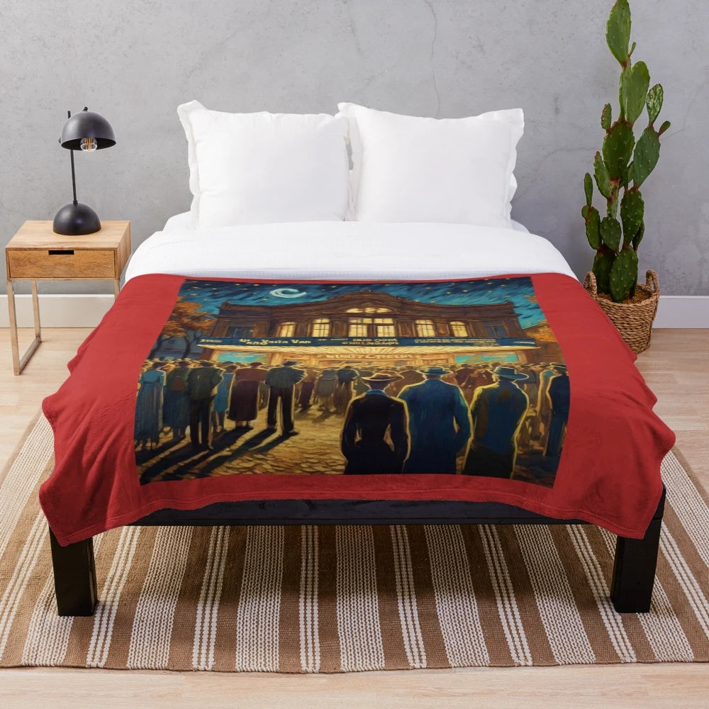 Cozy plush blanket featuring the entrance to an old cinema, evoking a nostalgic cinematic experience