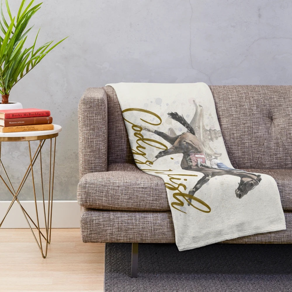 Plush blanket featuring a 2023 horse racing design
