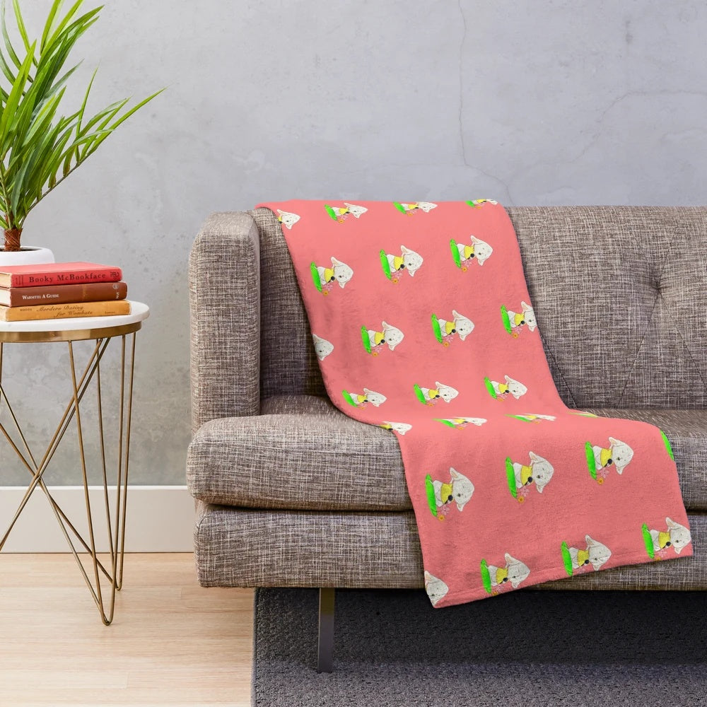 Plush blanket featuring a cute black and white cartoon rabbit with music notes