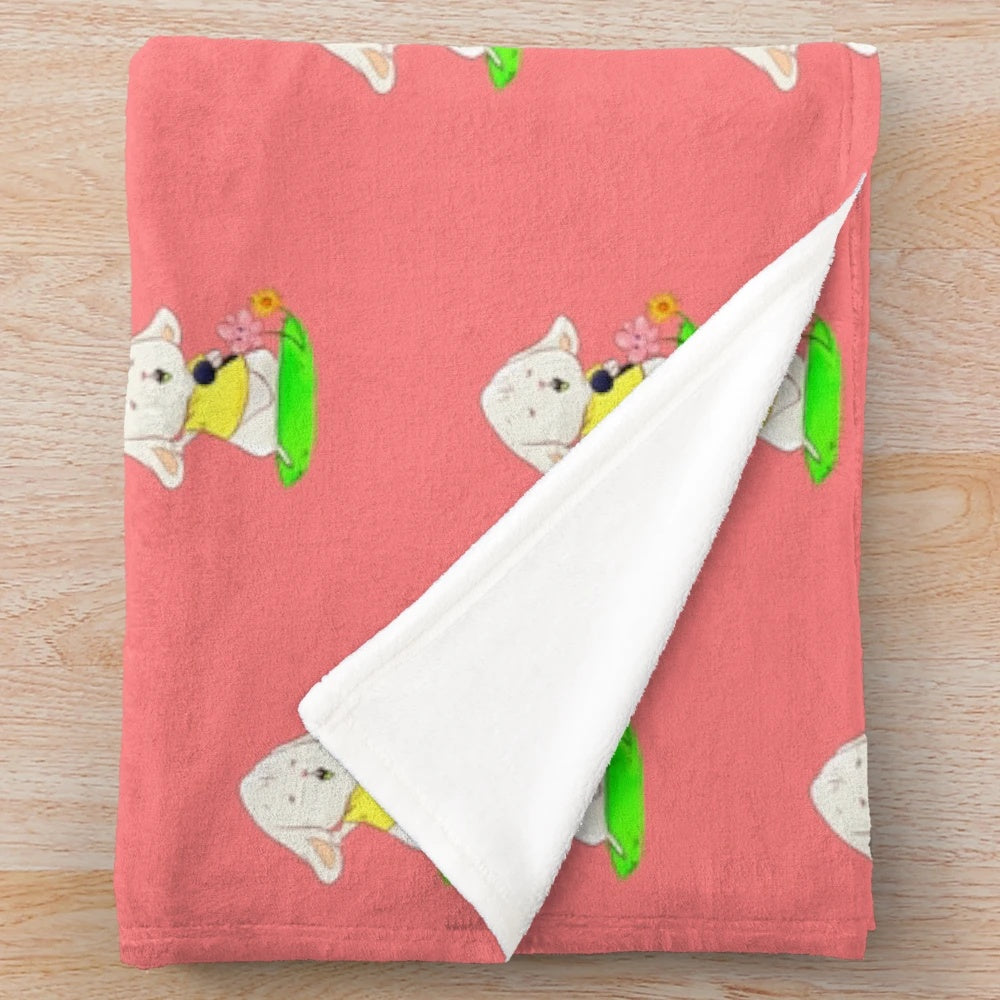 Plush blanket featuring a cute black and white cartoon rabbit with music notes