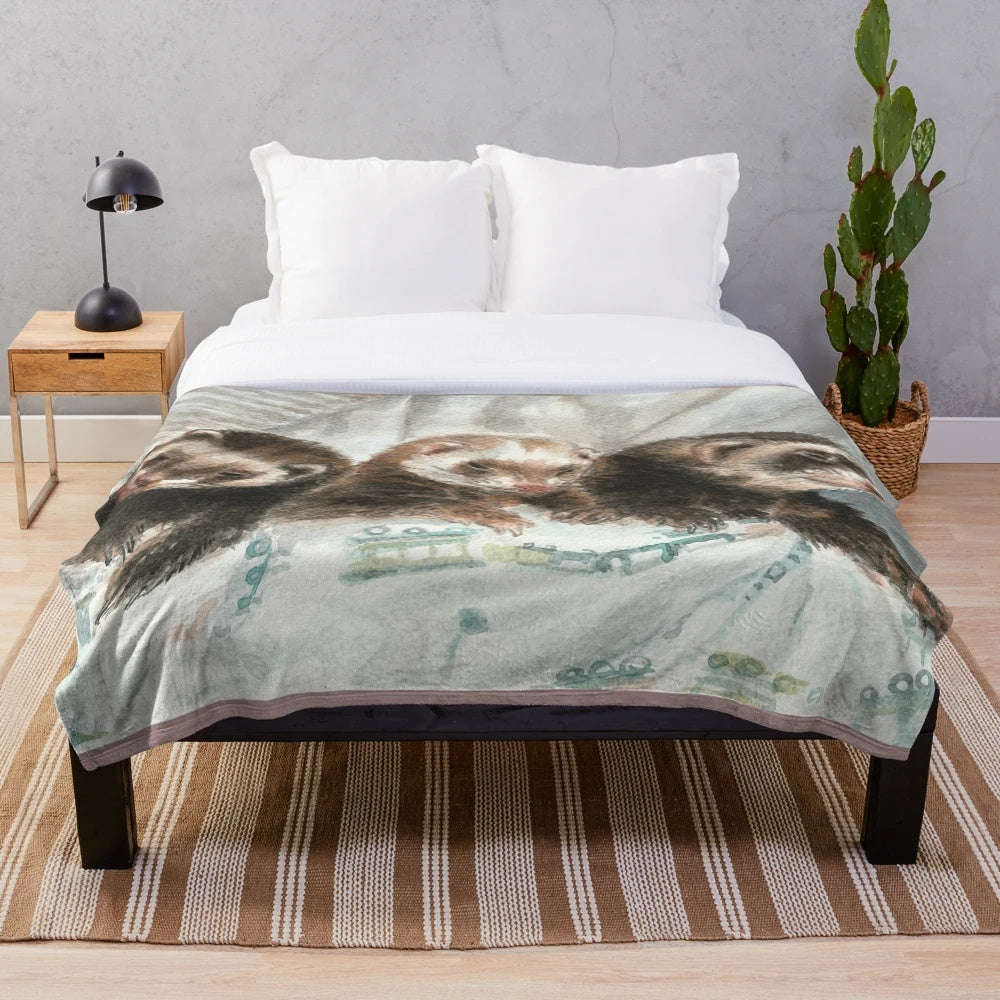 Plush blanket with a watercolor design of a cute ferret