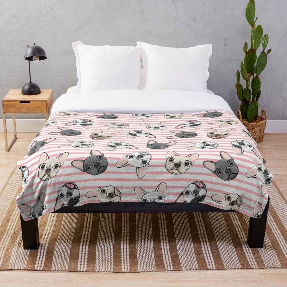 Plush blanket with cute french bulldog prints in pink and aqua stripes