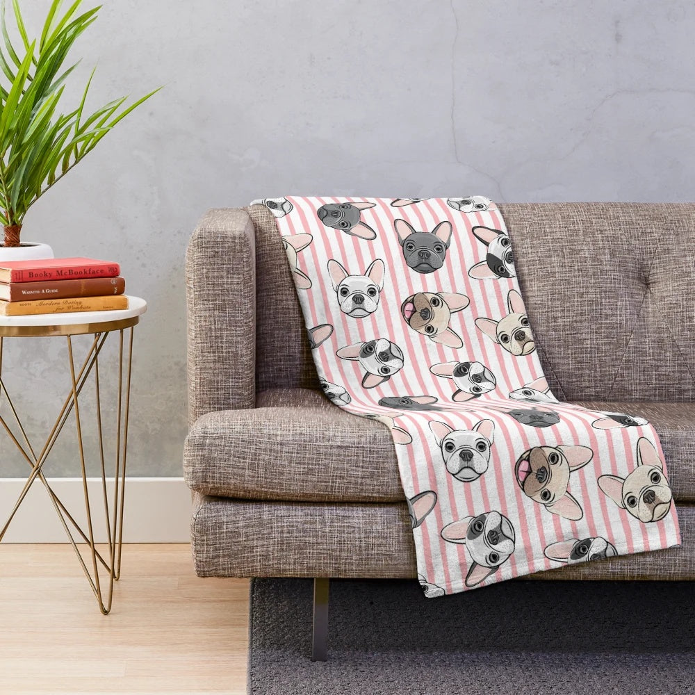 Plush blanket with cute french bulldog prints in pink and aqua stripes