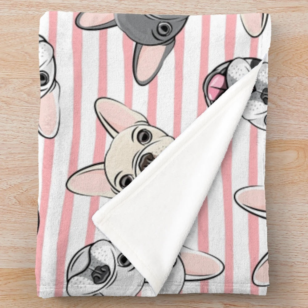 Plush blanket with cute french bulldog prints in pink and aqua stripes