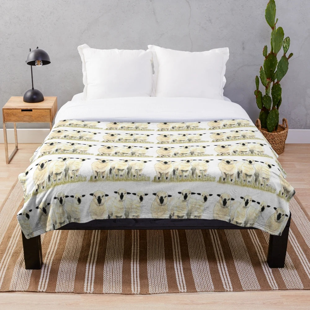 Soft, plush blanket featuring a painting of cute Hampshire Down lambs on a farm