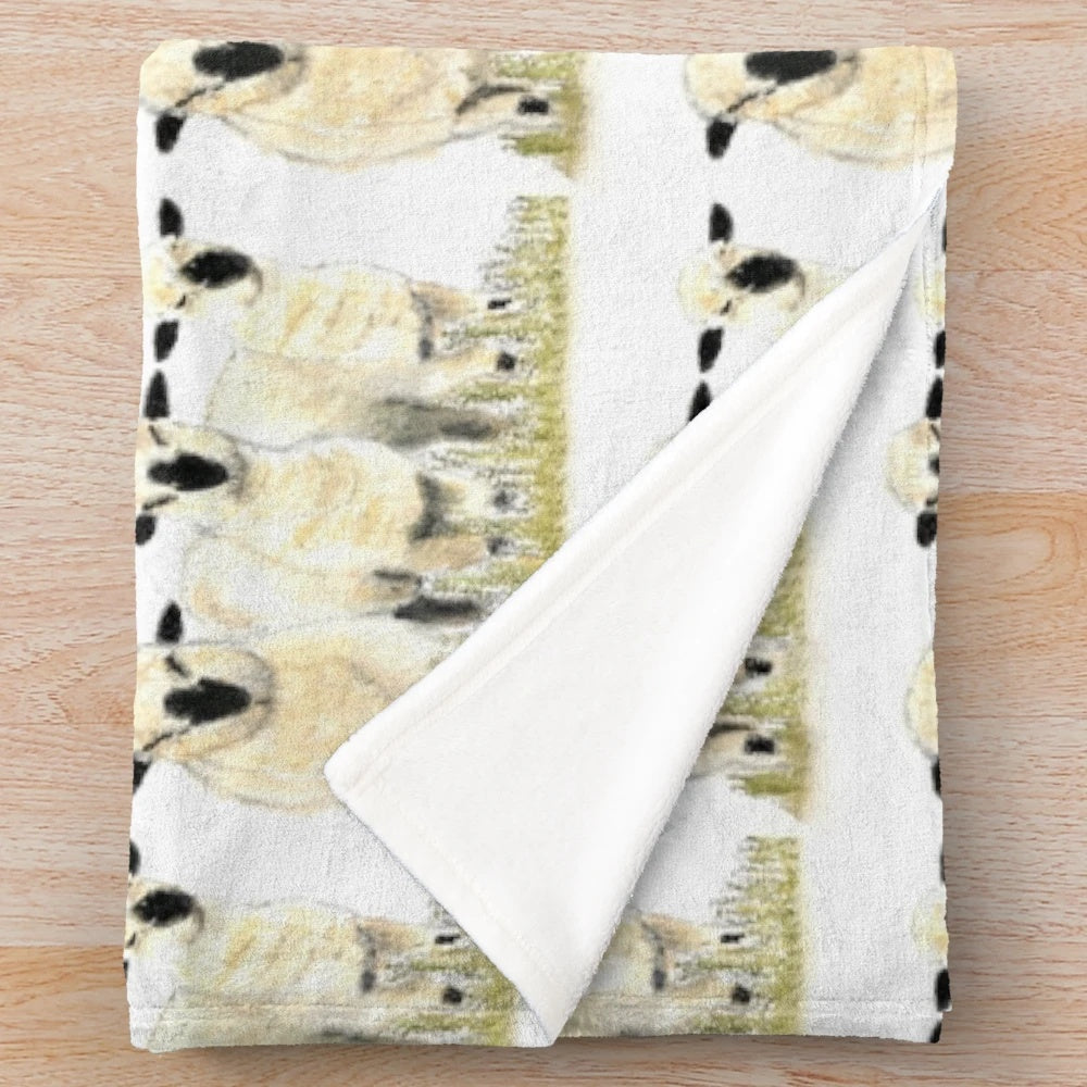 Soft, plush blanket featuring a painting of cute Hampshire Down lambs on a farm