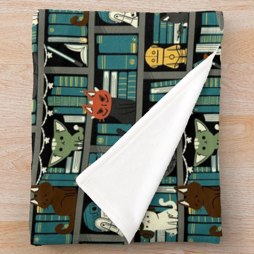 Soft plush blanket featuring a playful library cat in a science fiction-inspired setting