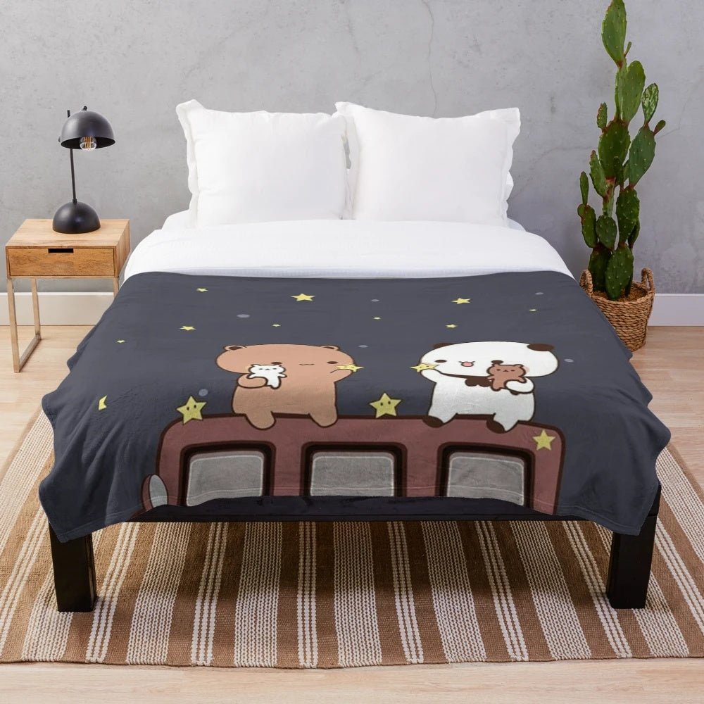 Plush blanket featuring a cute couple of bear and panda friends watching the moon together