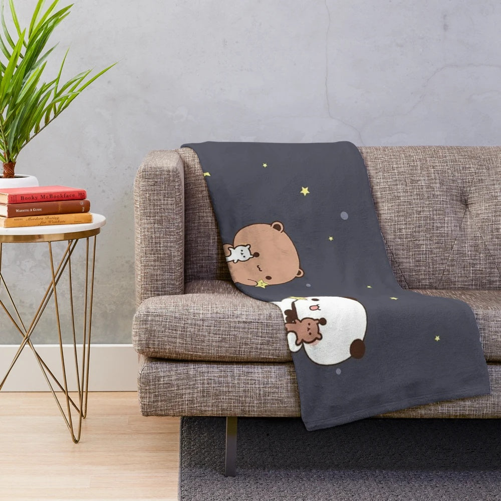 Plush blanket featuring a cute couple of bear and panda friends watching the moon together