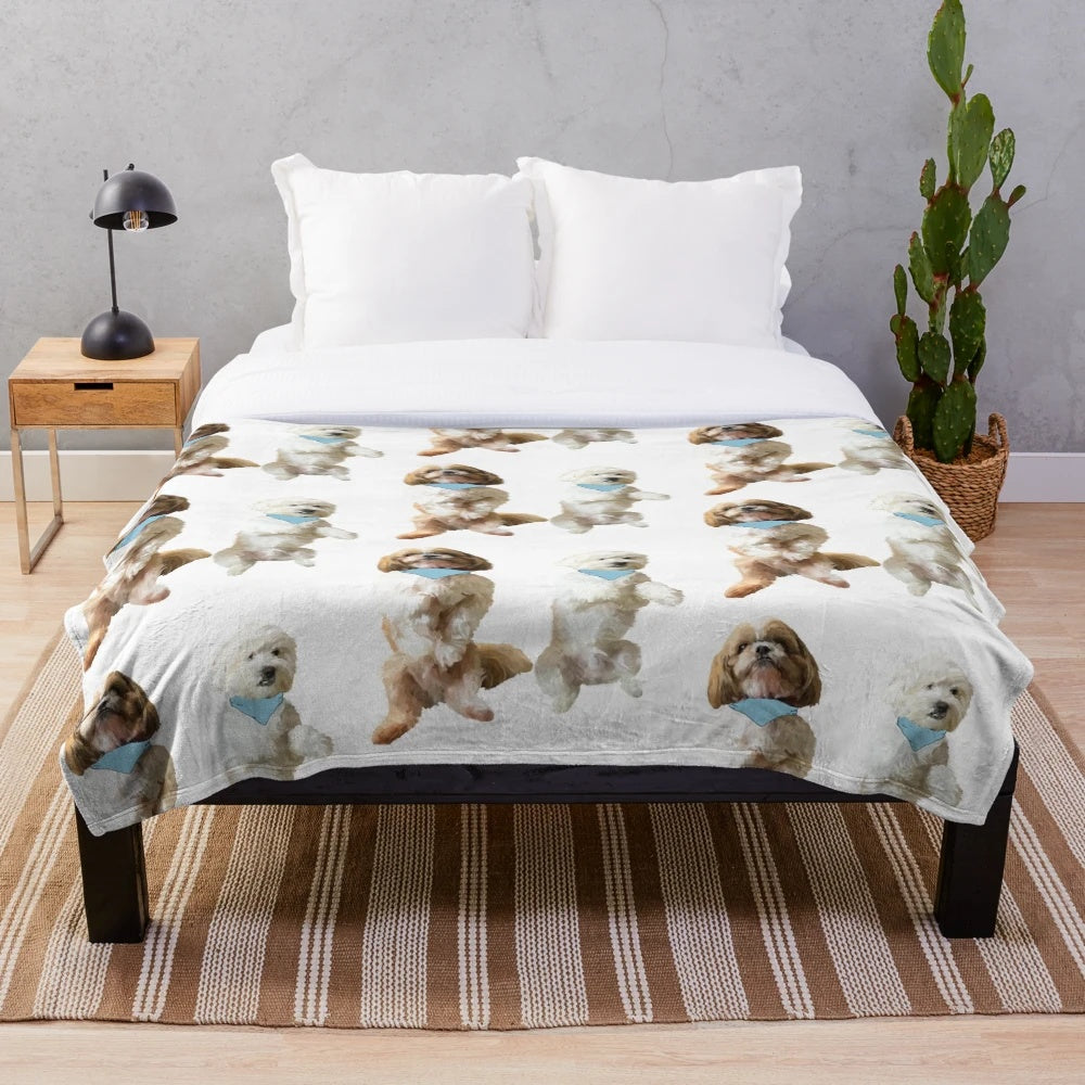 Soft, plush blanket featuring two cute shih tzu puppies snuggling together