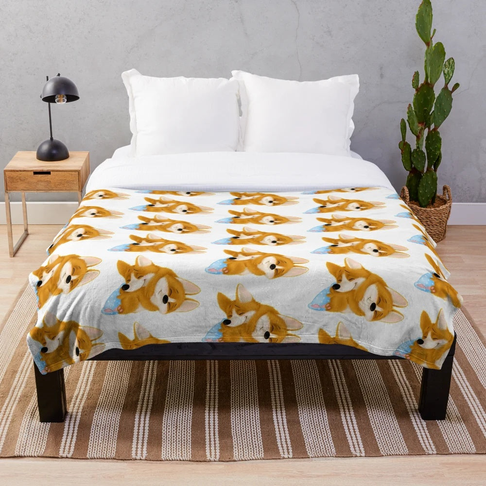 Cute sleeping corgi puppy couple on a plush blanket