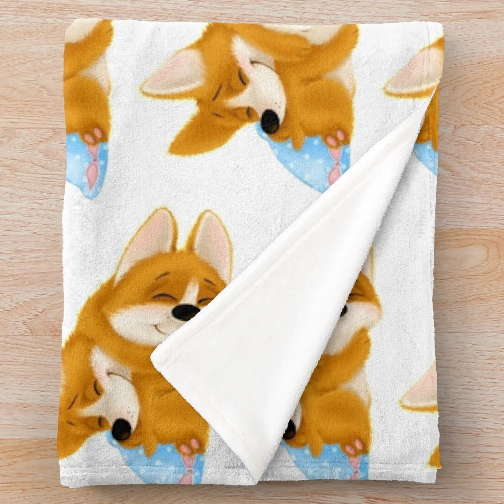 Cute sleeping corgi puppy couple on a plush blanket