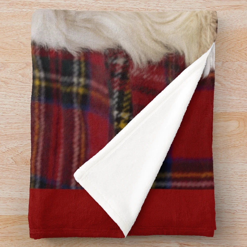 West Highland White Terrier sitting on a scotch plaid plush blanket
