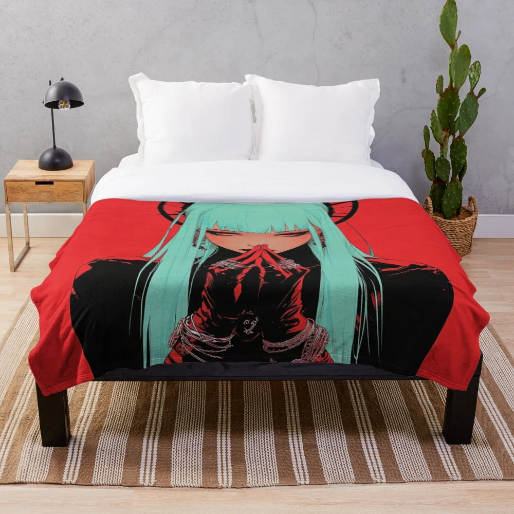 Plush blanket featuring an alt girl with white hair in an anime-inspired style