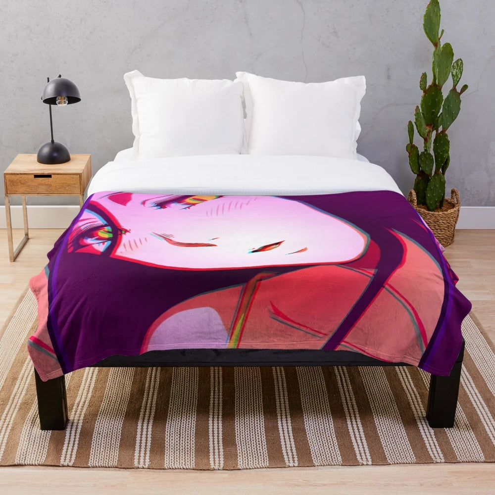 Soft and plush blanket with a beautiful anime-style design featuring a cute female character in purple and pink colors.